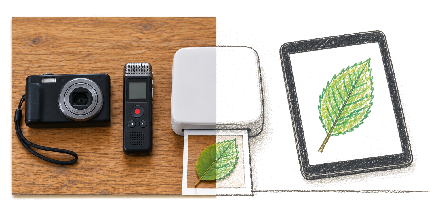 Illustration of a digital camera, a voice recorder, a portable photo printer and a tablet laid out on a kindergarten table